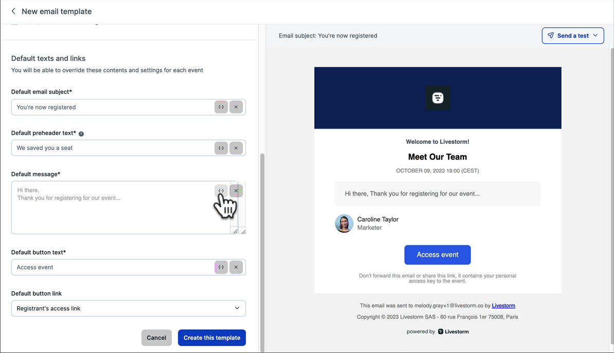 Livestorm email template for webinar