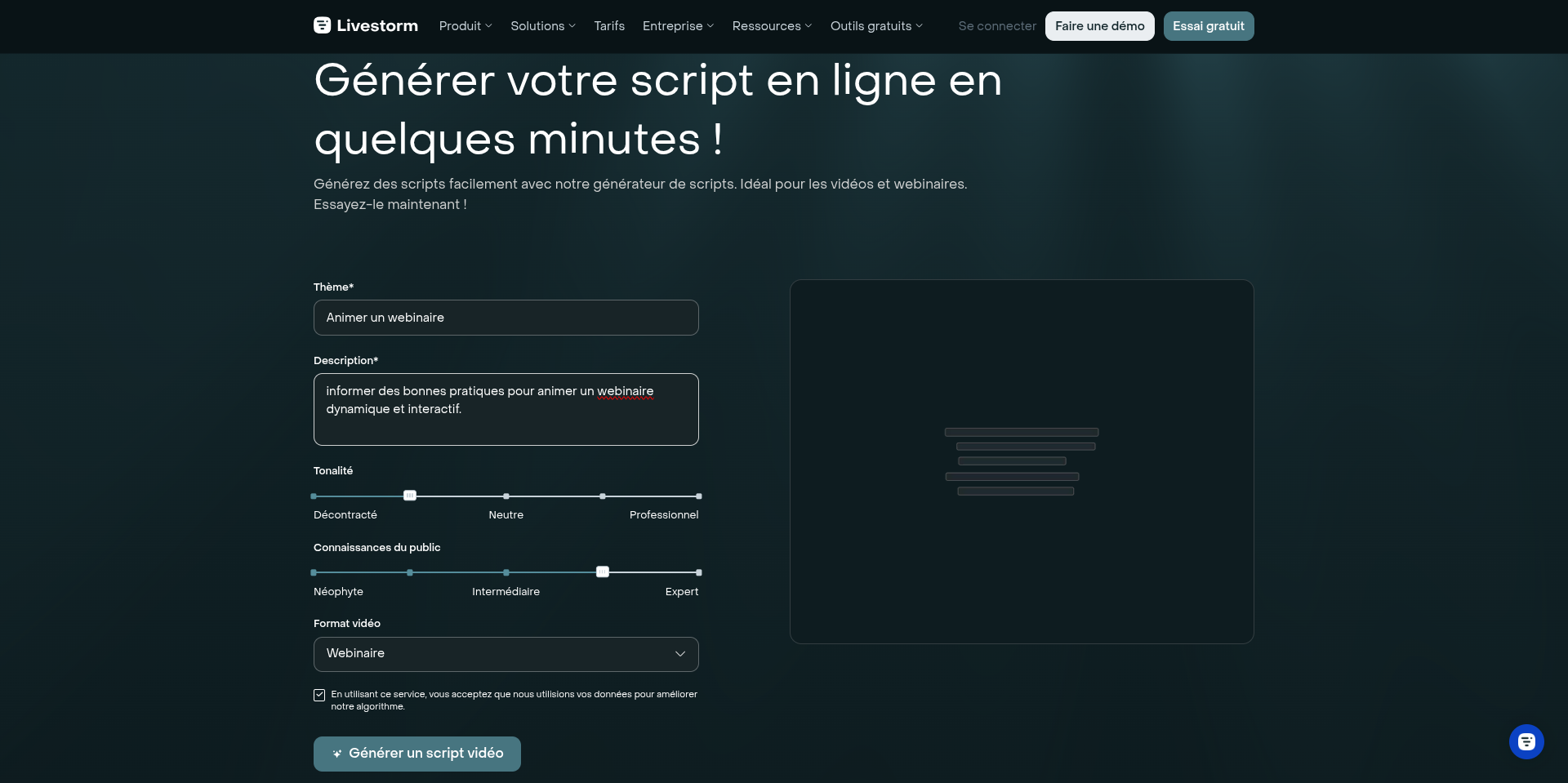 générer un script video livestorm étape 1