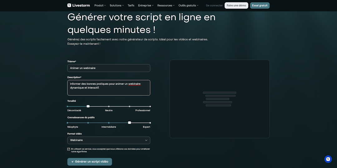 générer un script video livestorm étape 1