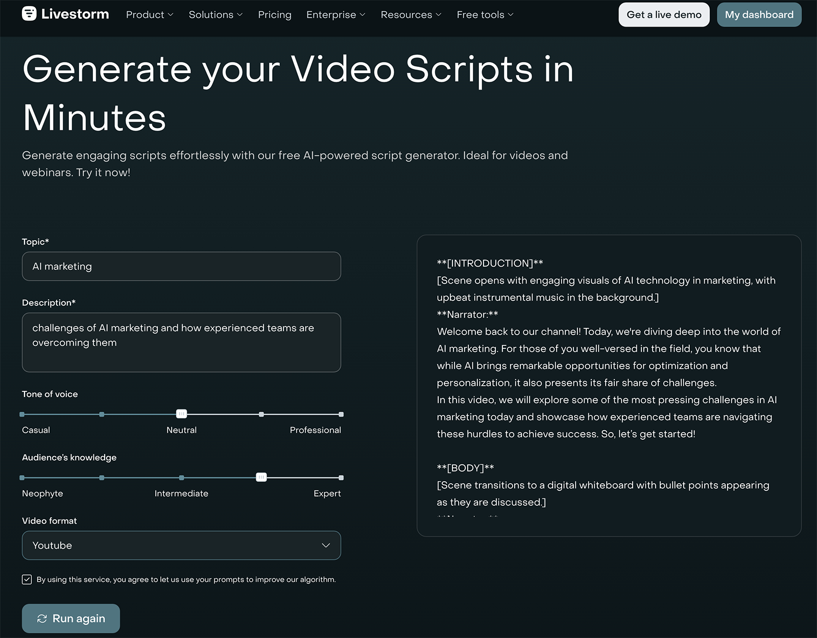 Livestorm's video script generator