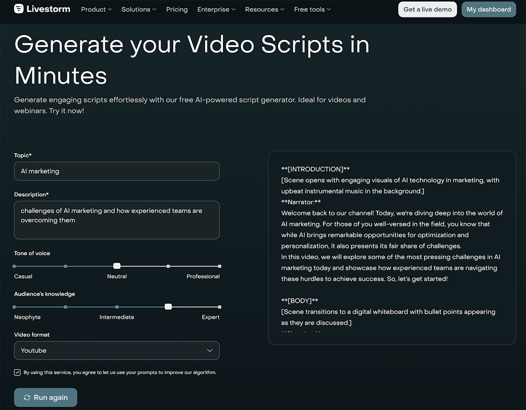 Livestorm's video script generator