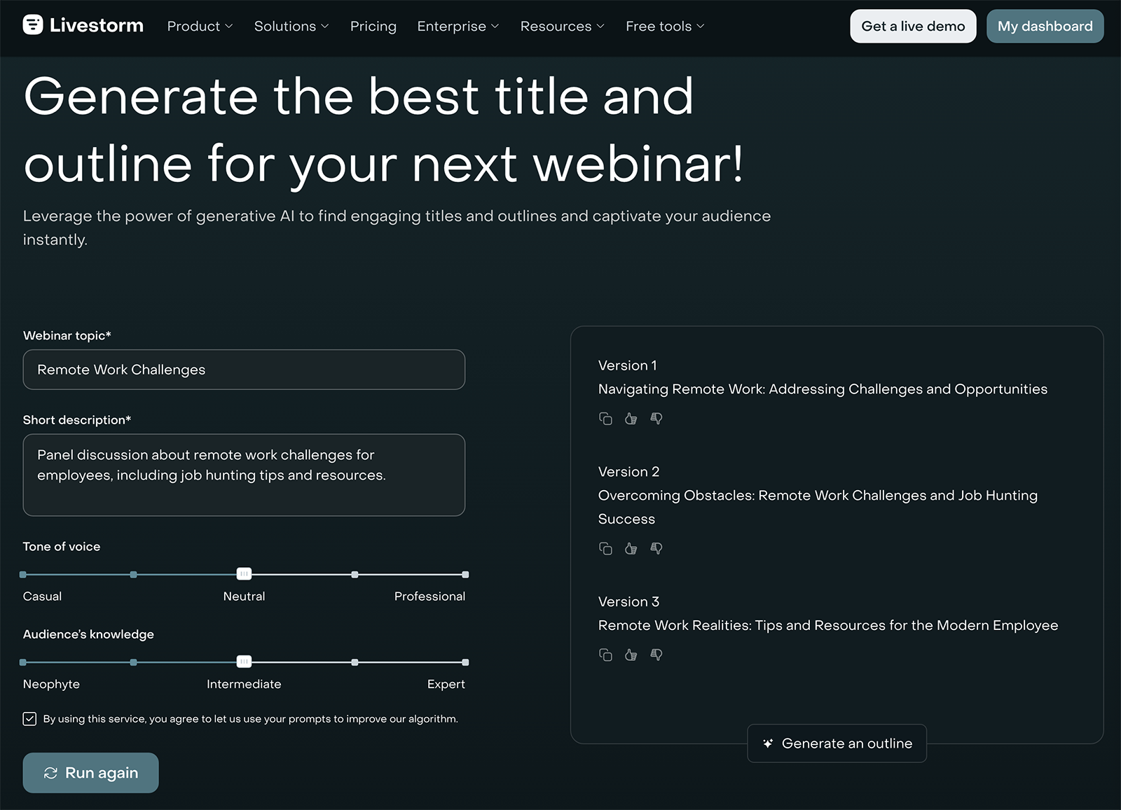 Livestorm's webinar title generator