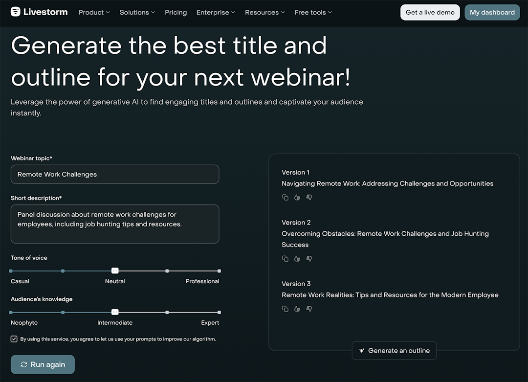 Livestorm's webinar title generator