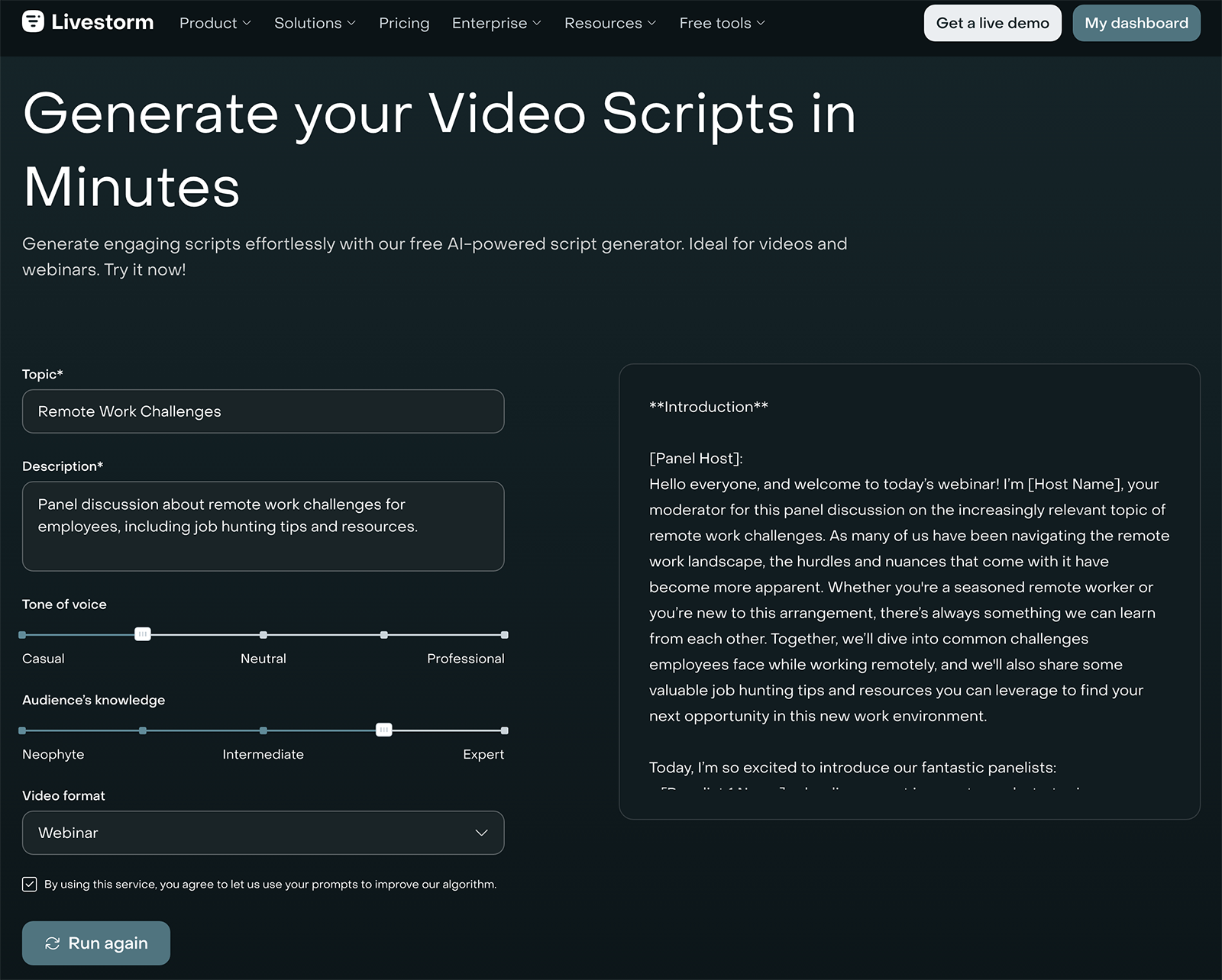 Livestorm's video script generator