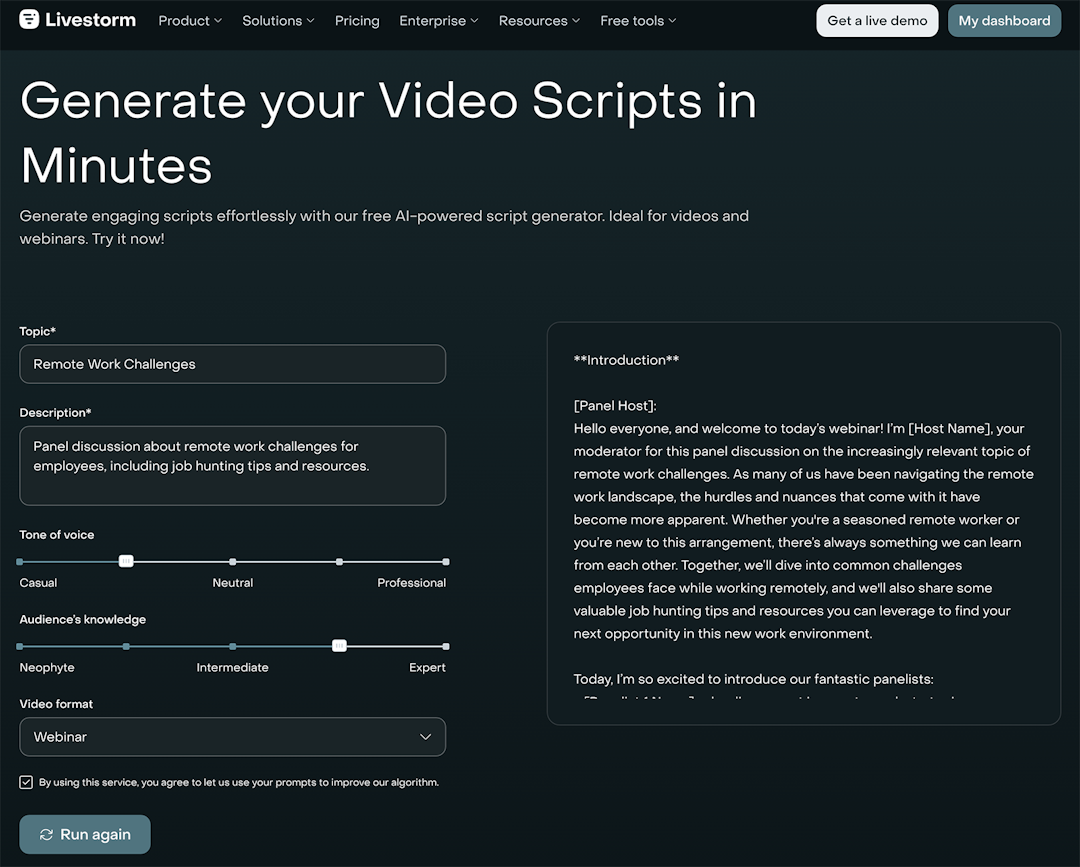 Livestorm's video script generator