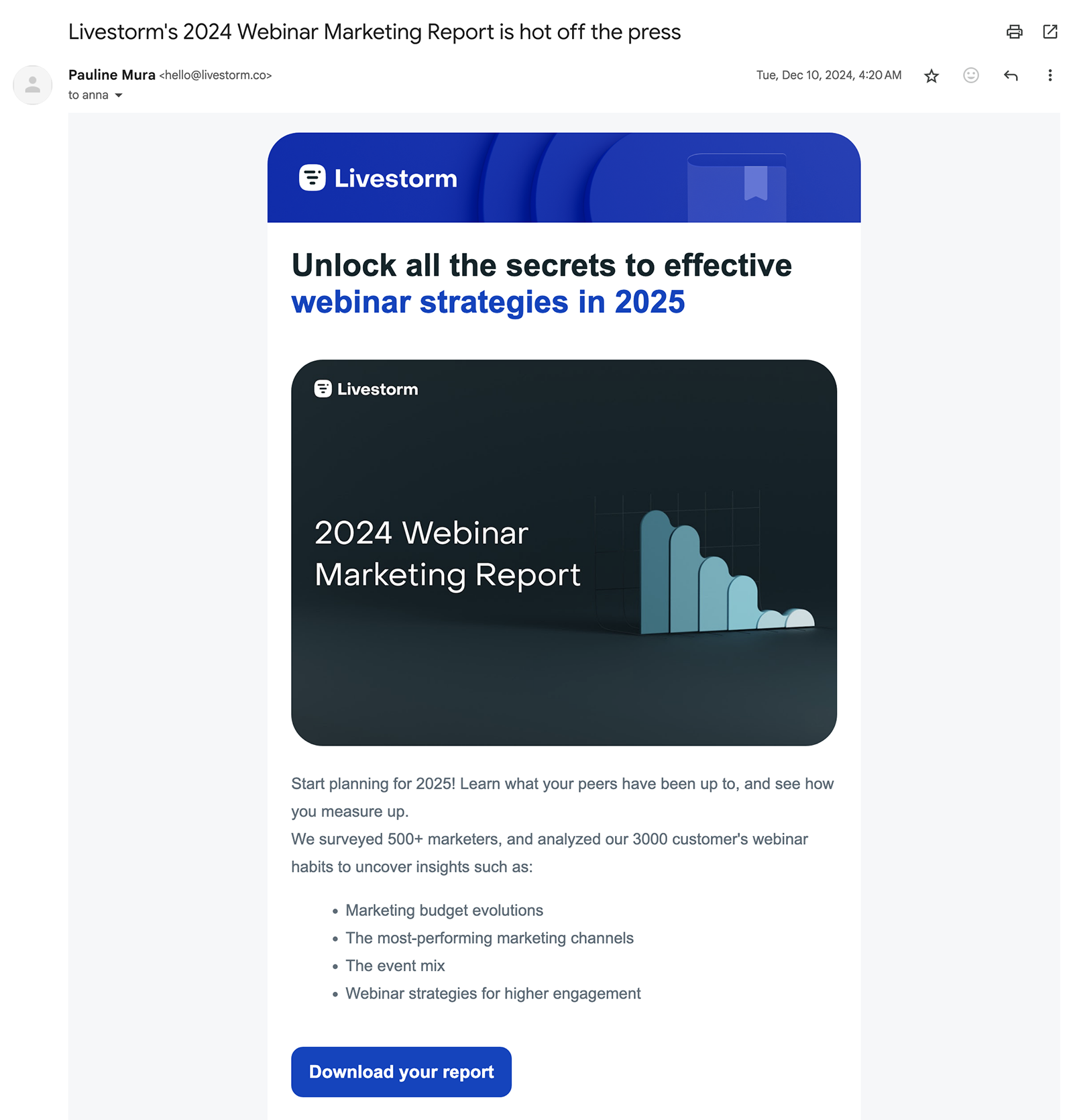 Livestorm email promoting the 2024 Webinar Marketing Report