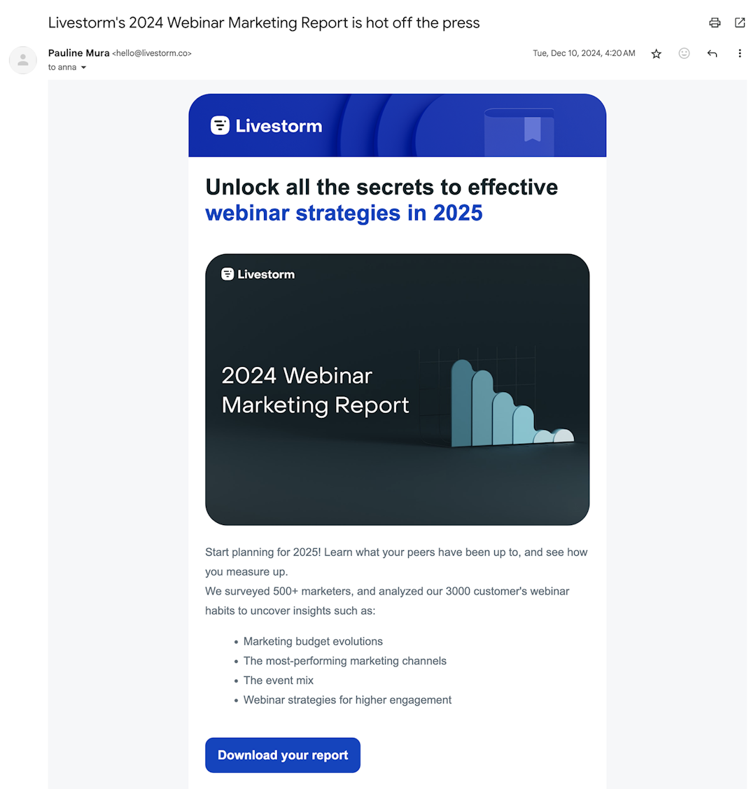 Livestorm email promoting the 2024 Webinar Marketing Report