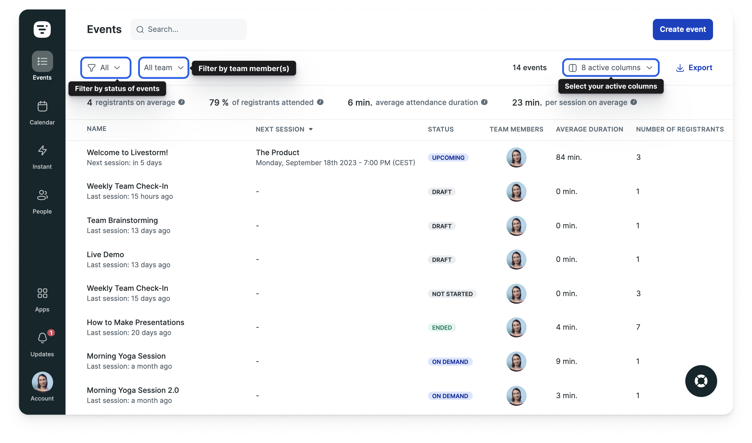 screen tableau de bord des evenements livestorm rapport evenement