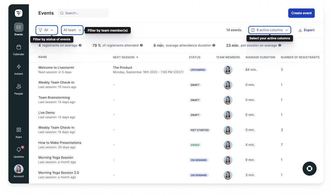 screen tableau de bord des evenements livestorm rapport evenement