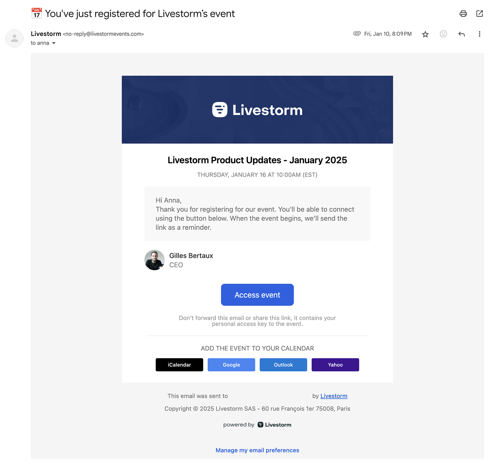 Livestorm registration confirmation email