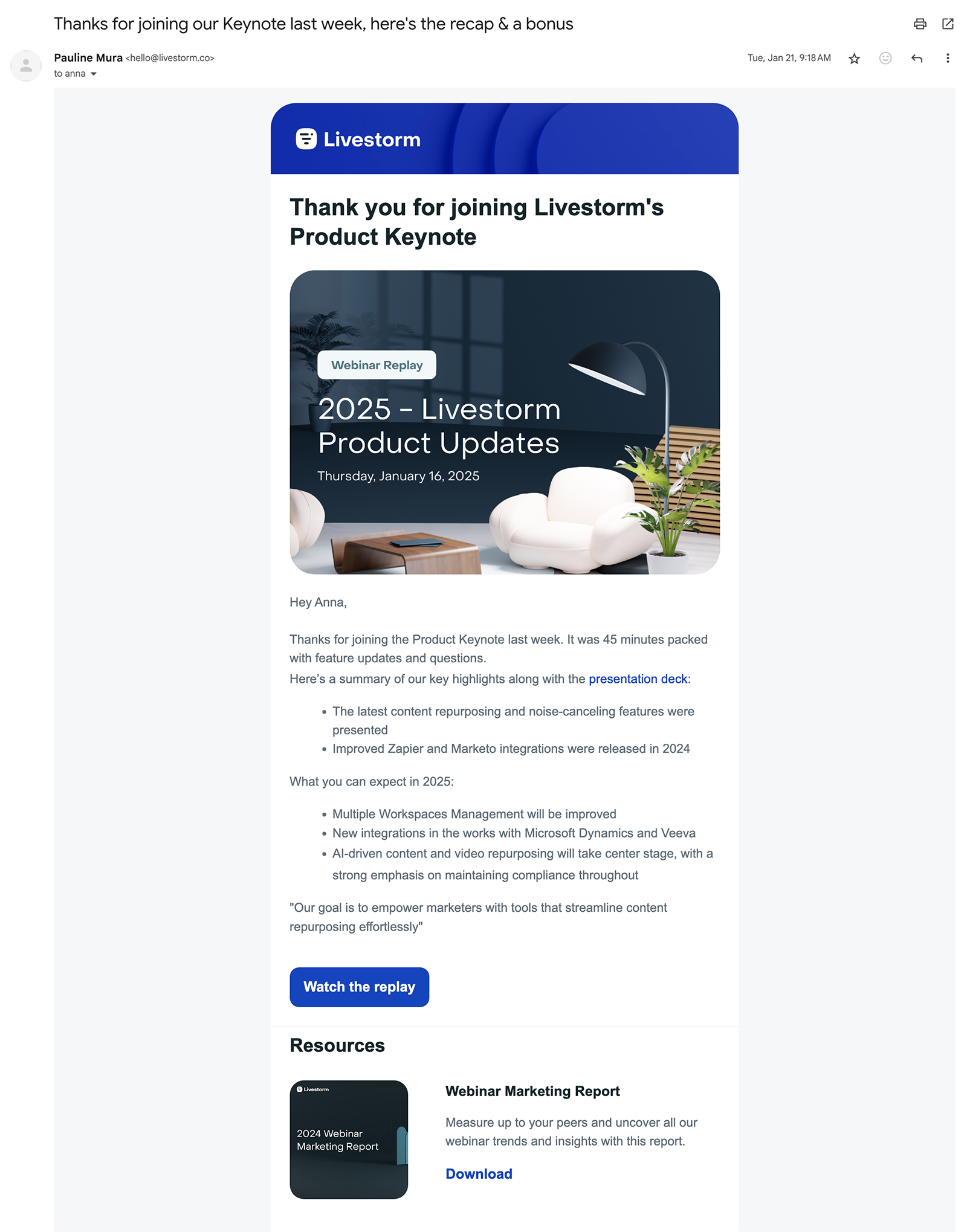 Livestorm thank you email for attendees