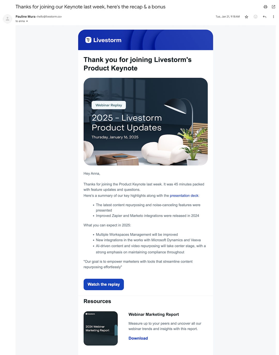 Livestorm thank you email for attendees