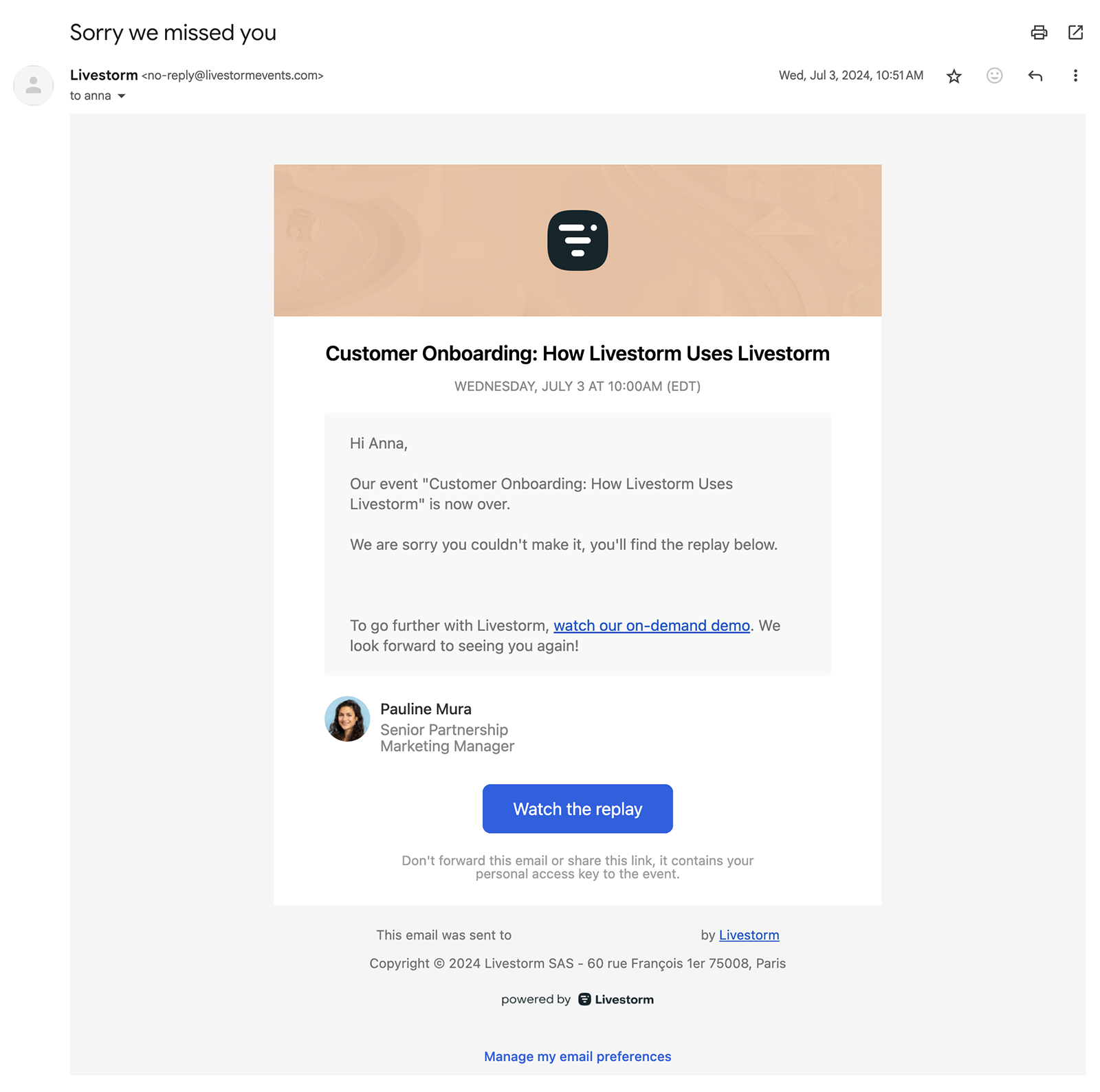 Livestorm nurture email for non-attendees
