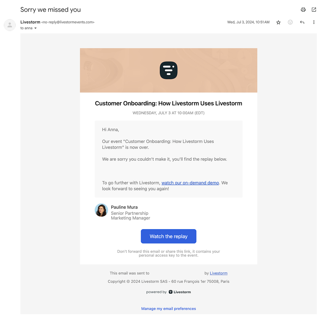 Livestorm nurture email for non-attendees