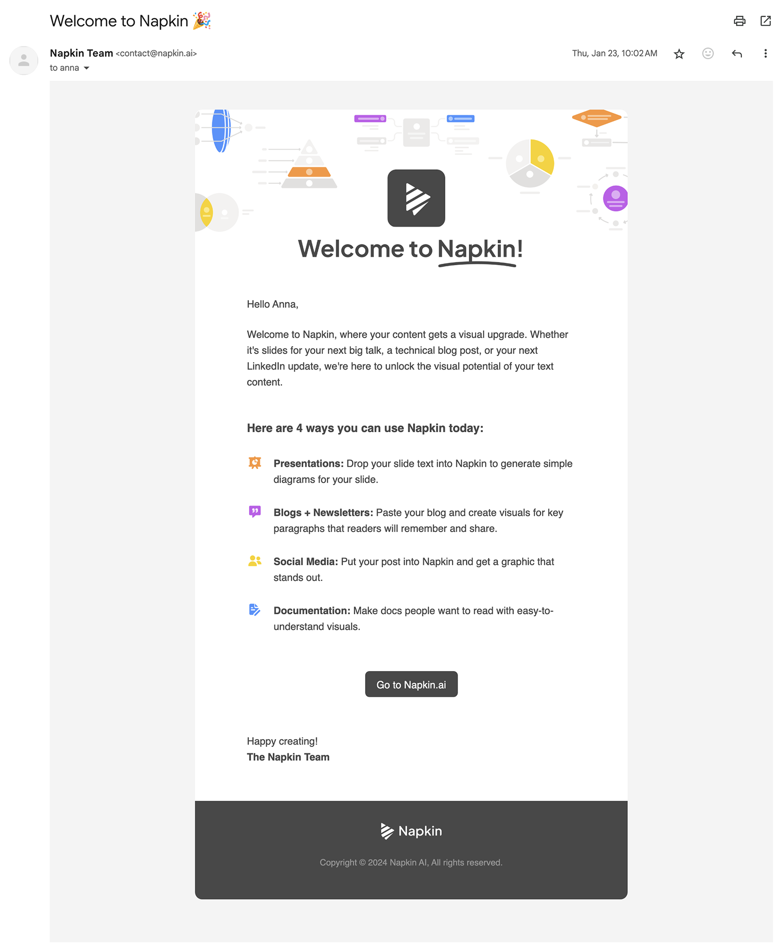 welcome email from Napkin