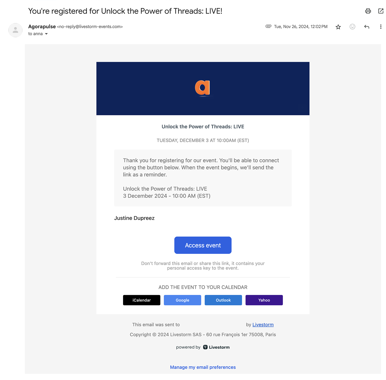 webinar registration confirmation email from Agorapulse