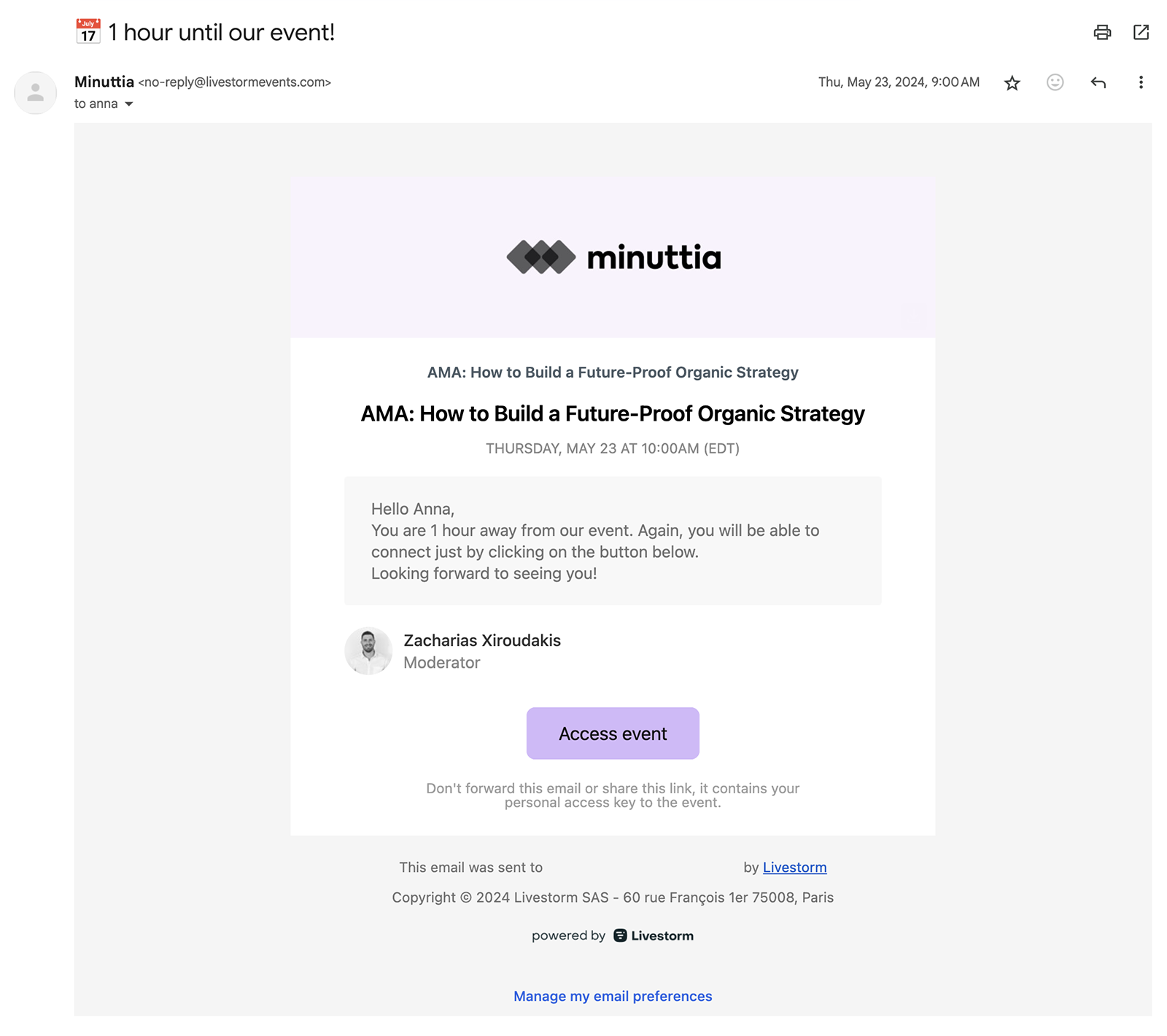 webinar reminder email from Minuttia