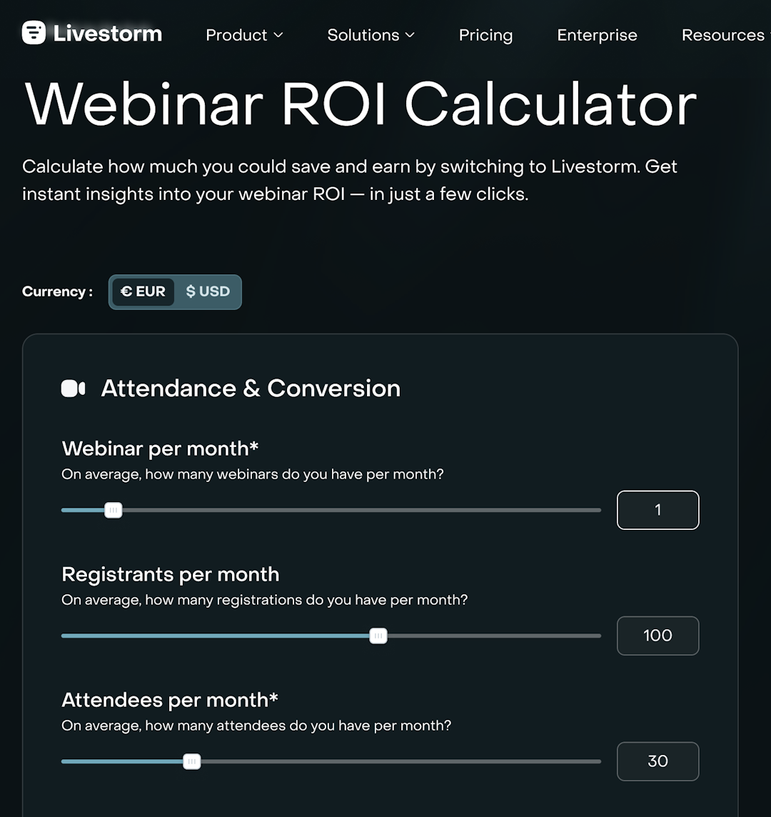Livestorm webinar ROI calculator attendance data