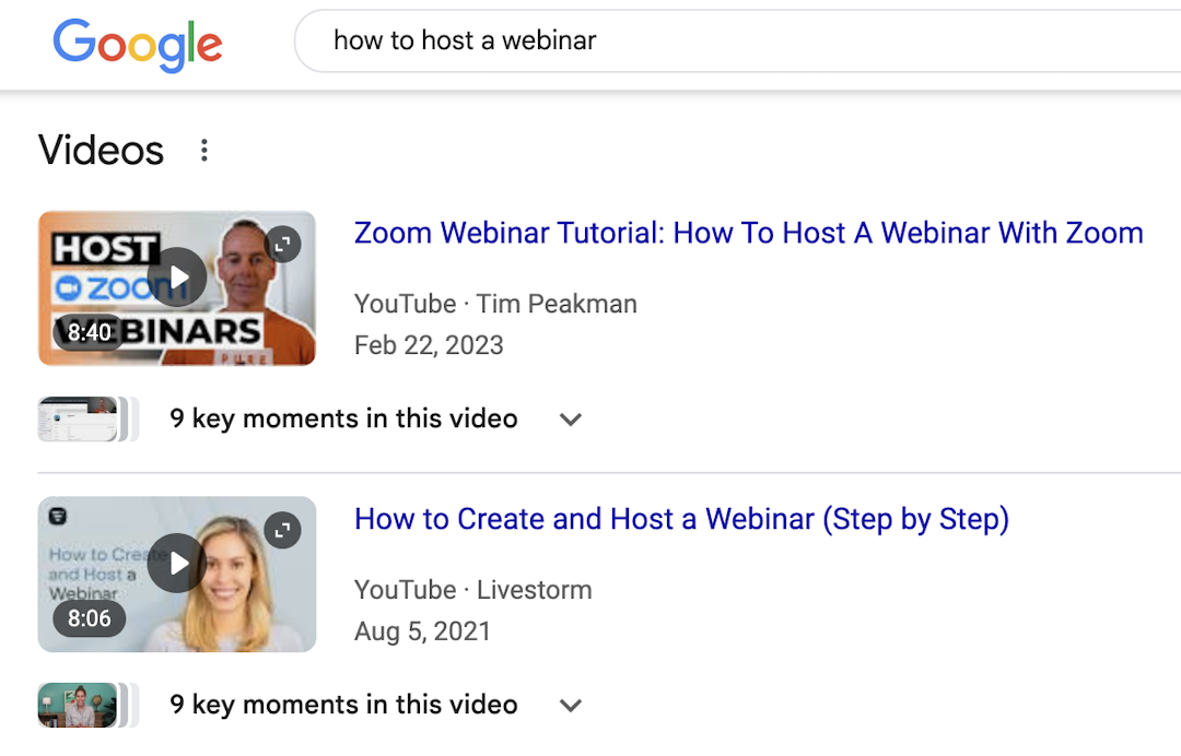 Google video search results