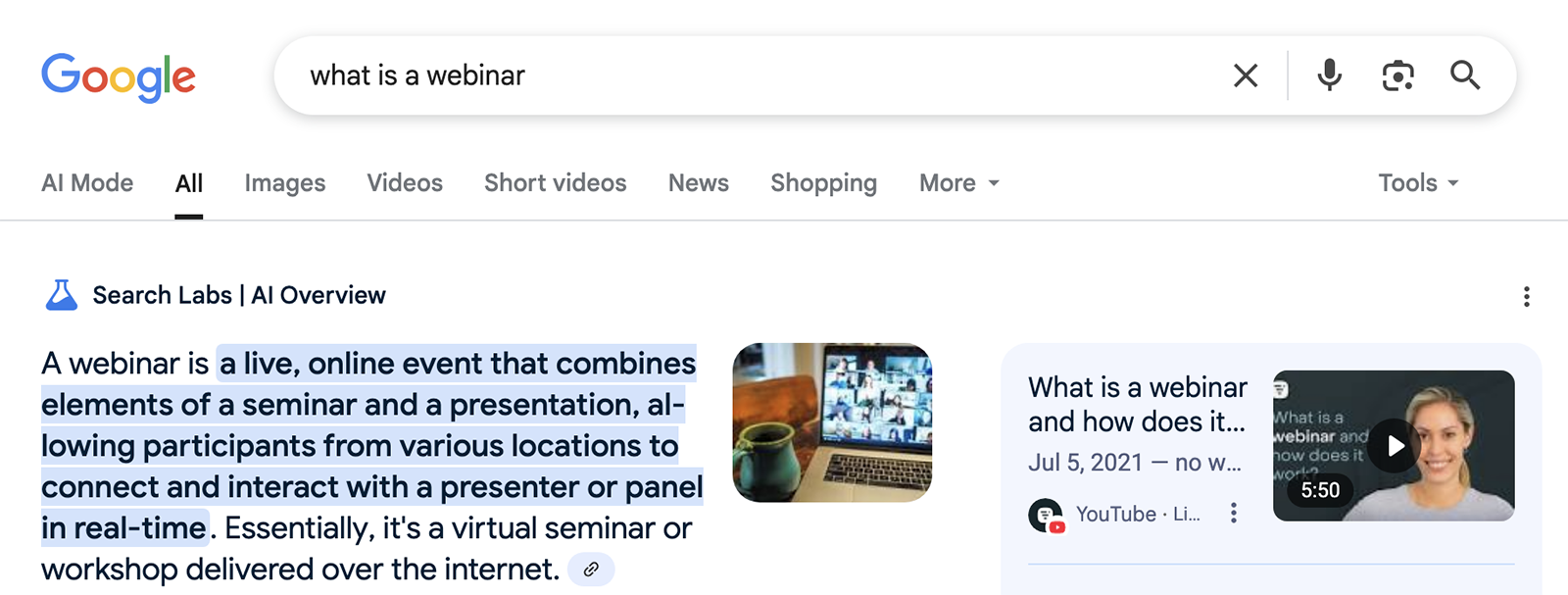 Google AI overview showing a video result
