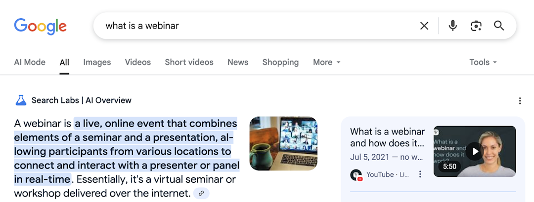 Google AI overview showing a video result