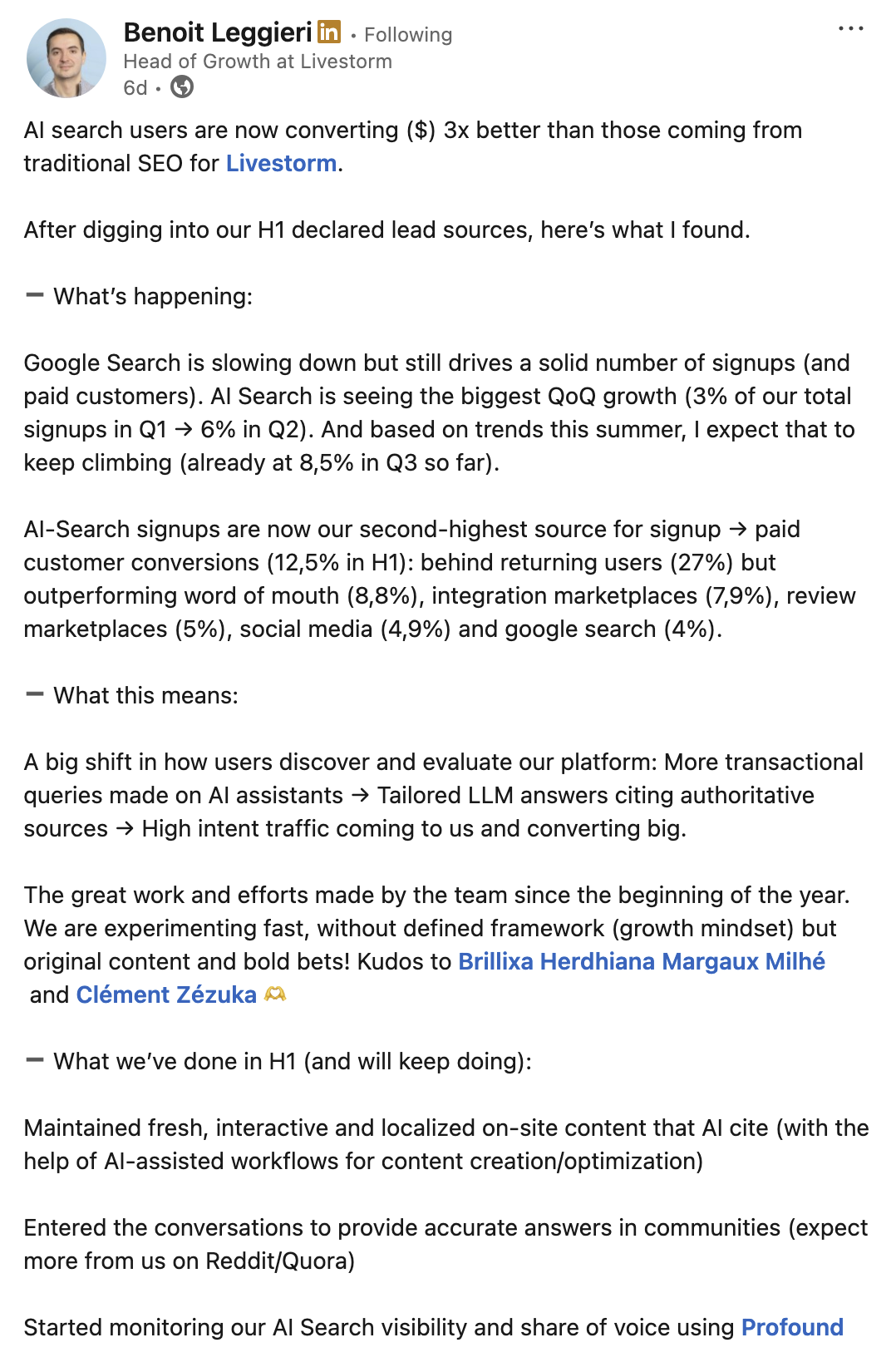 Benoit Leggieri LinkedIn post about AI search