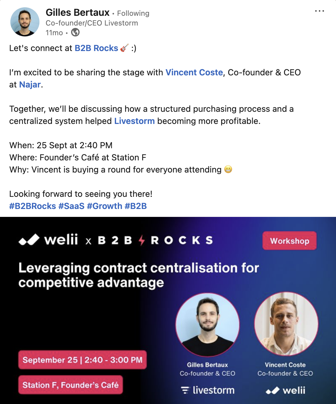Gilles Bertaux LinkedIn post about B2B Rocks talk