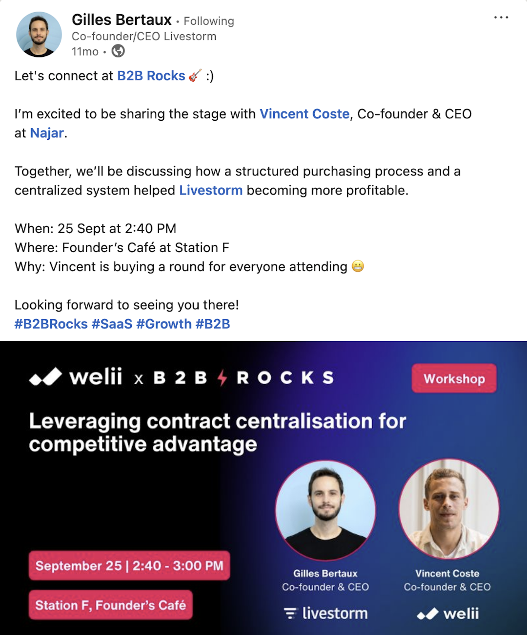 Gilles Bertaux LinkedIn post about B2B Rocks talk