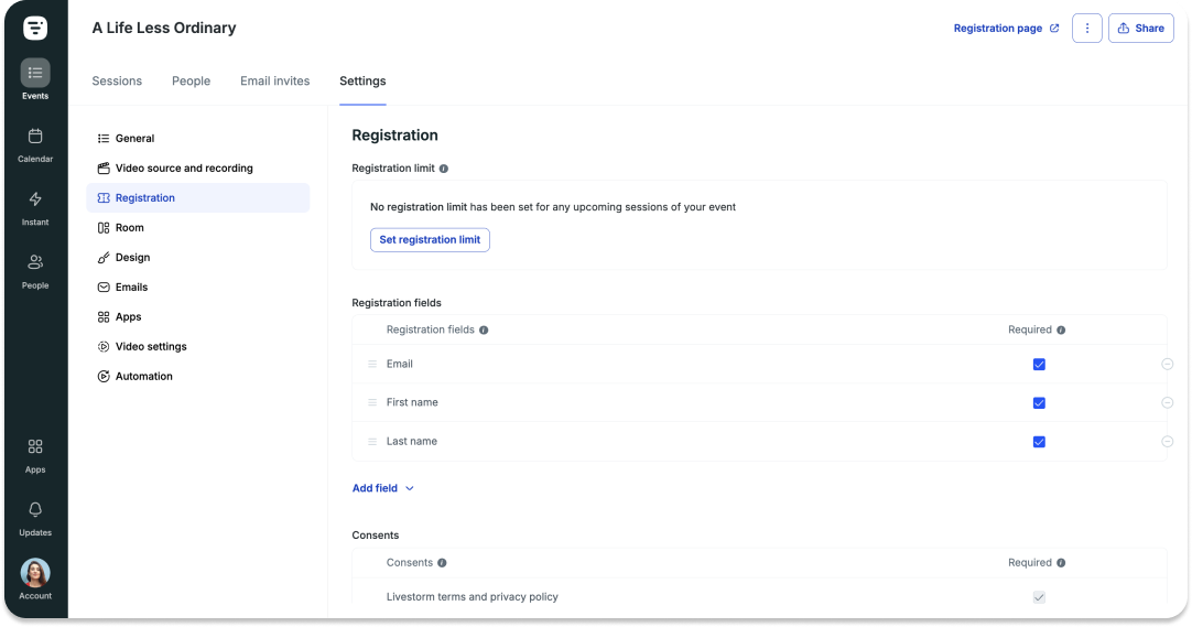définir une limite d'inscription dans Livestorm