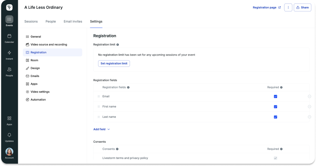 définir une limite d'inscription dans Livestorm