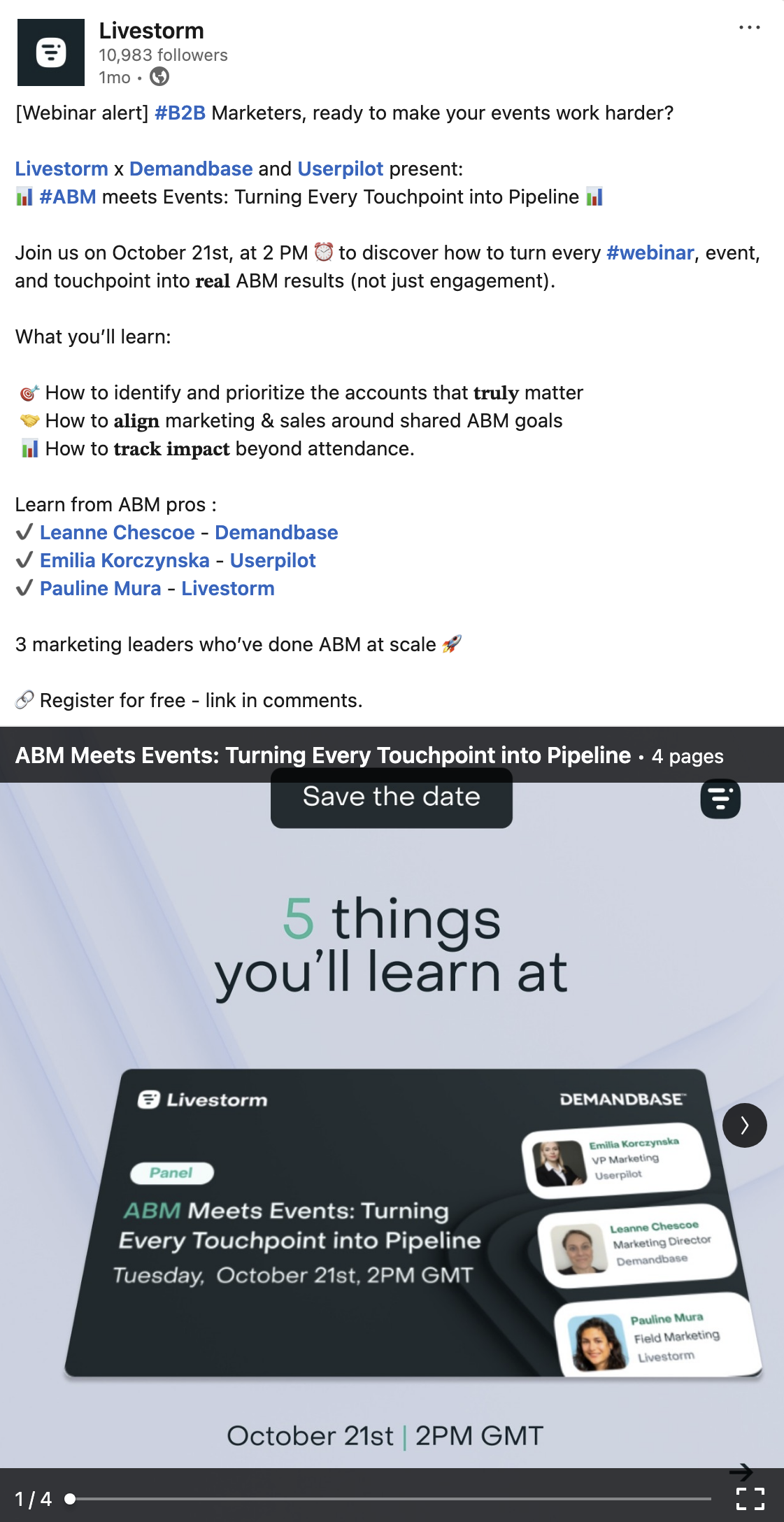 Livestorm LinkedIn post promoting a webinar