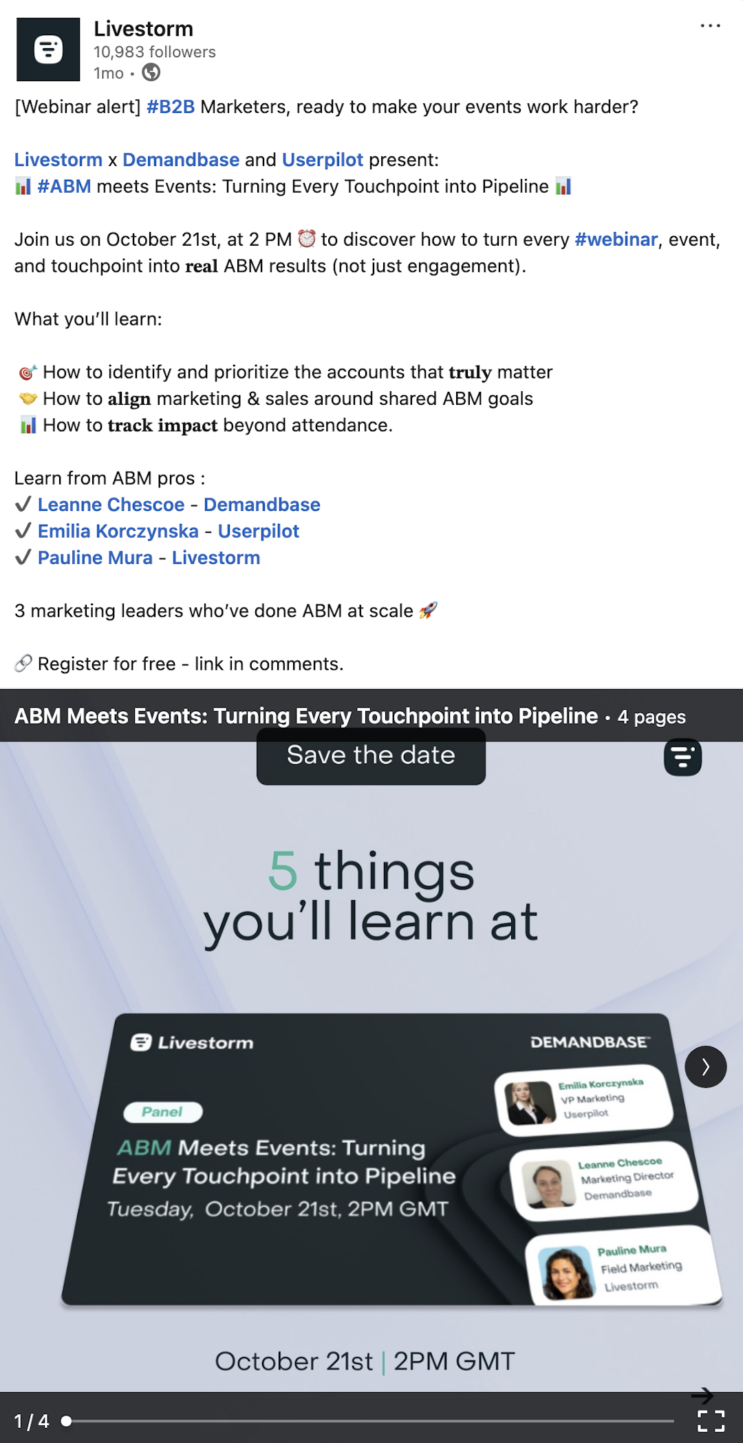 Livestorm LinkedIn post promoting a webinar