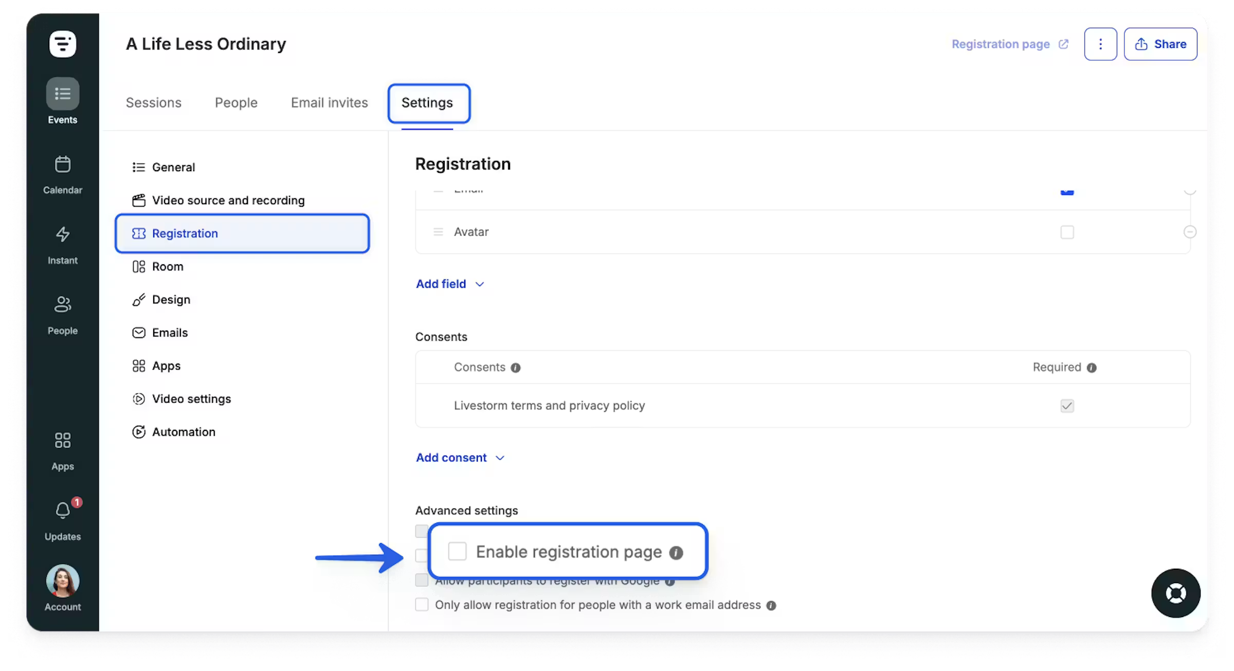désactiver la page d'inscription dans Livestorm