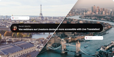 Split-screen illustration showing Paris on the left with a French language selector and London on the right with an English language selector. A subtitle bar in the center displays a speaker named Sarah Martin, with captions transitioning from French to English, demonstrating Livestorm's Live Translations feature.