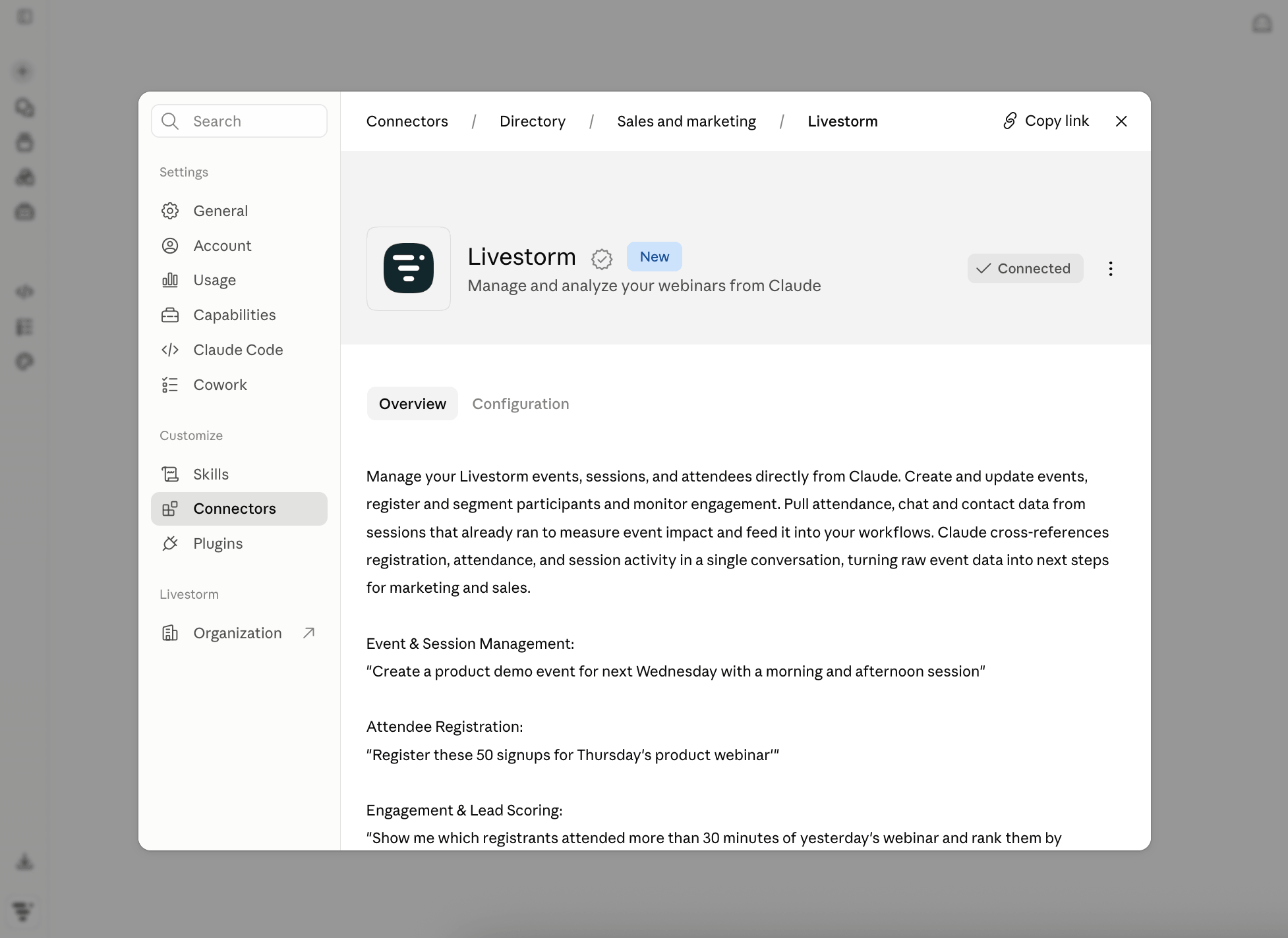 Livestorm connector - Claude's Directory