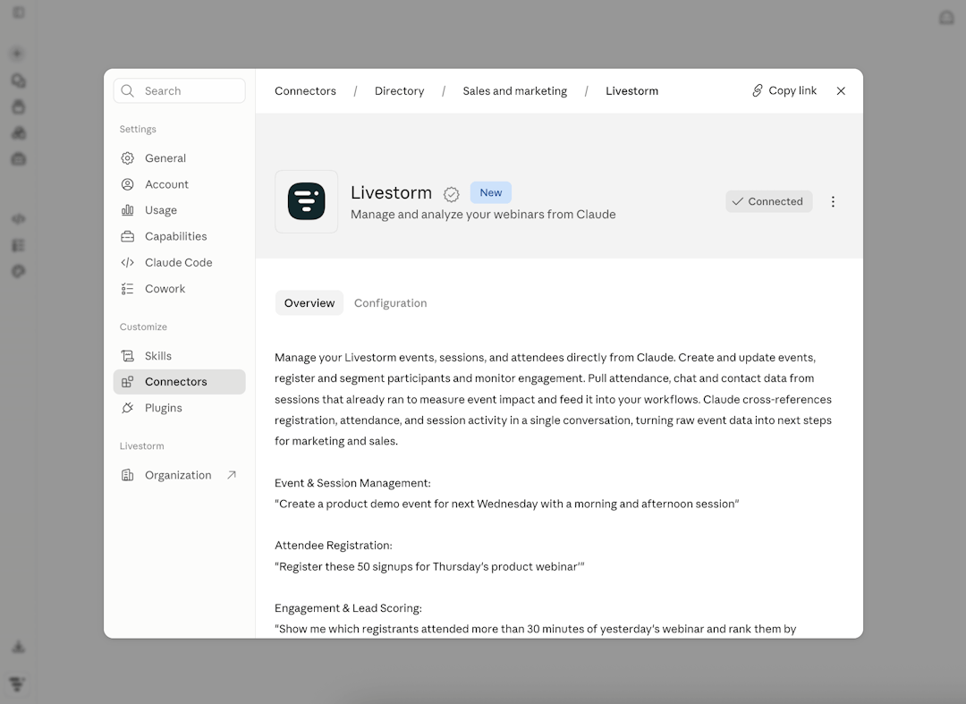 Livestorm connector - Claude's Directory