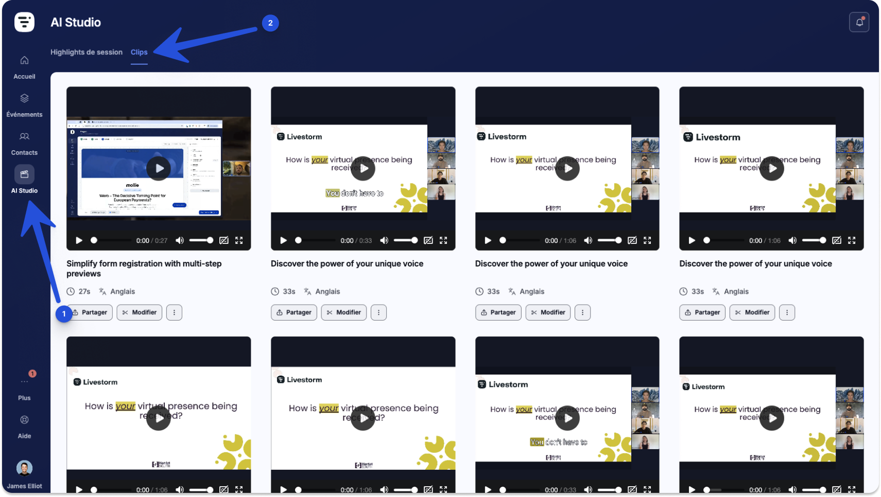 Livestorm AI Studio Clips dashboard, where an event recording becomes titled, captioned clips
