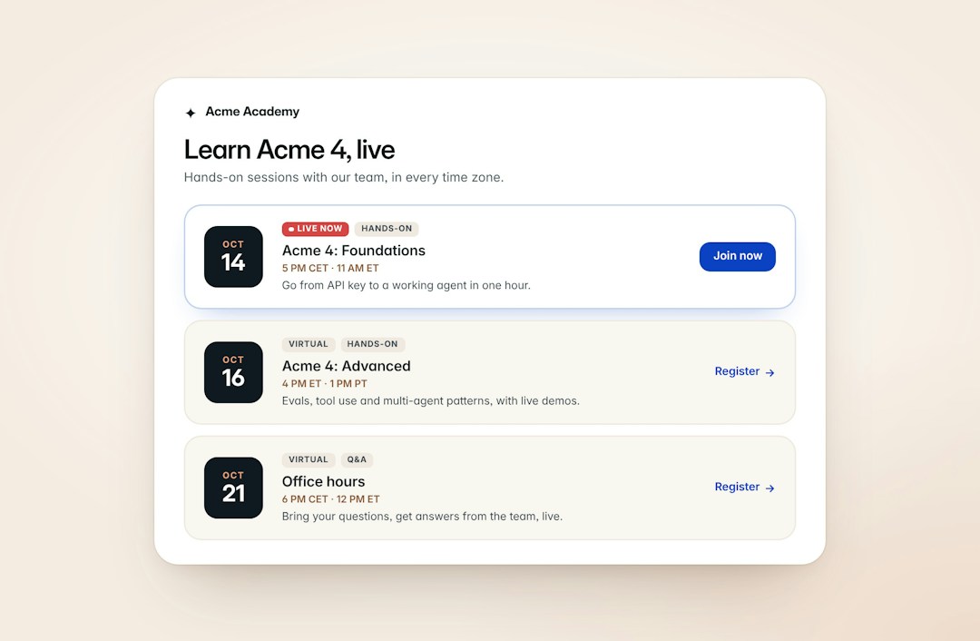 A learning program of live, hands-on sessions by level and time zone