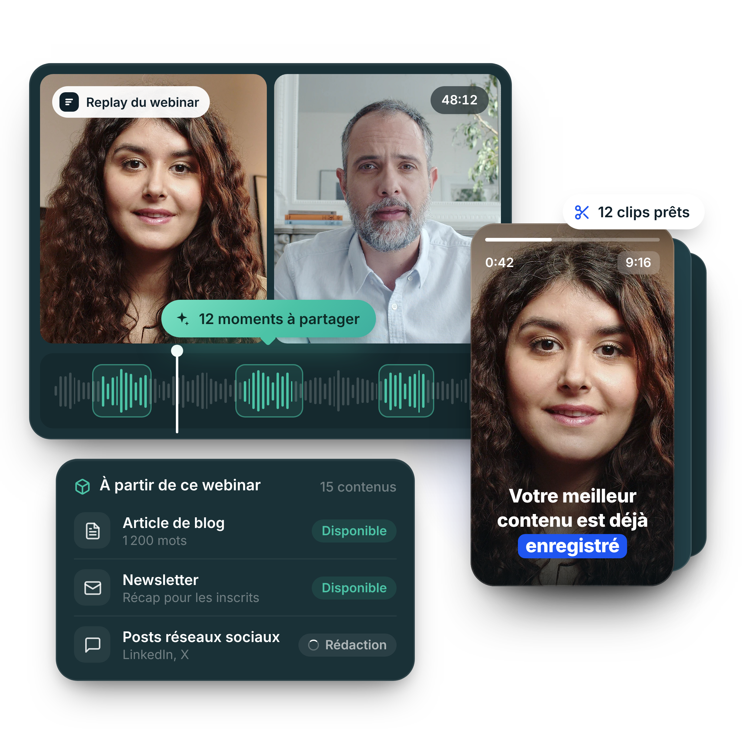 Livestorm AI Studio repère les meilleurs moments d'un replay de webinar et les transforme en clips verticaux, en article de blog, en newsletter et en posts pour les réseaux sociaux