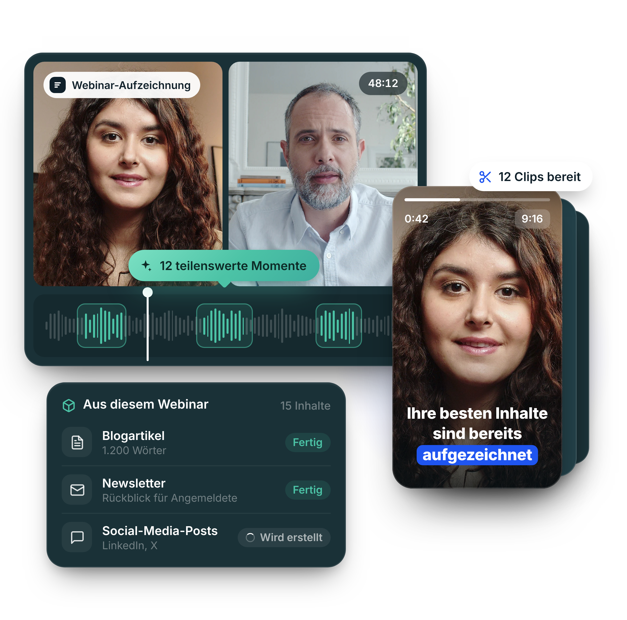 Livestorm AI Studio findet die besten Momente in einer Webinar-Aufzeichnung und verwandelt sie in vertikale Clips, einen Blogartikel, einen Newsletter und Social-Media-Posts