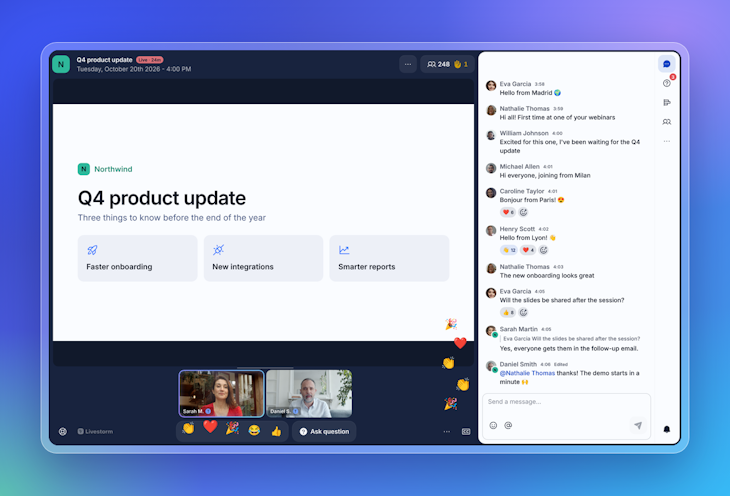 The new Livestorm Room, with reactions in the chat and the Ask question button