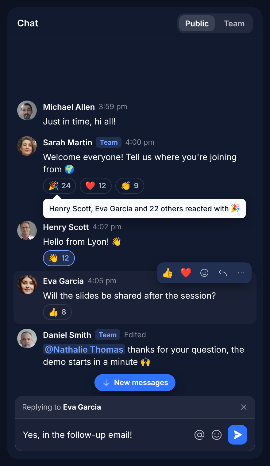 The new chat: reactions, replies and mentions