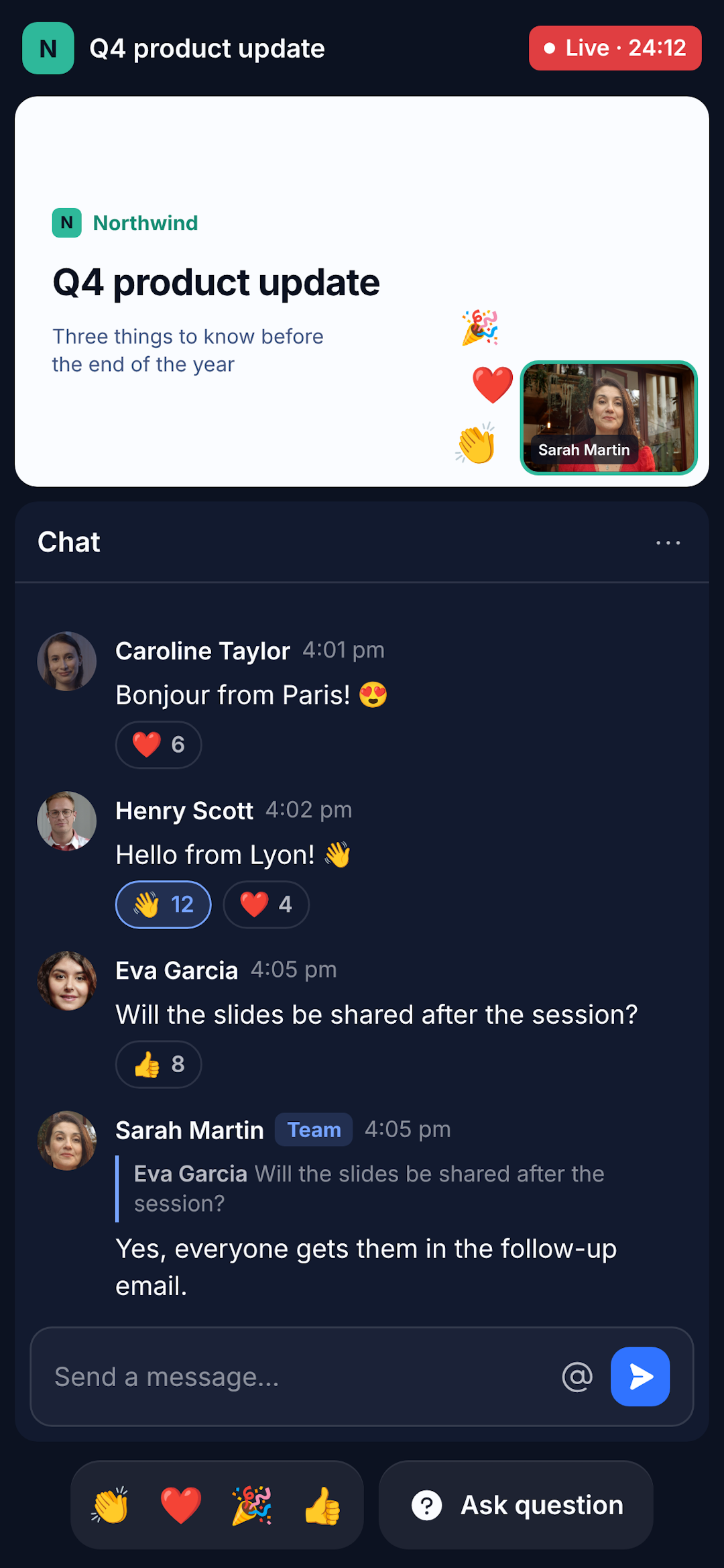 The new Room on mobile: the stage on top and the chat below