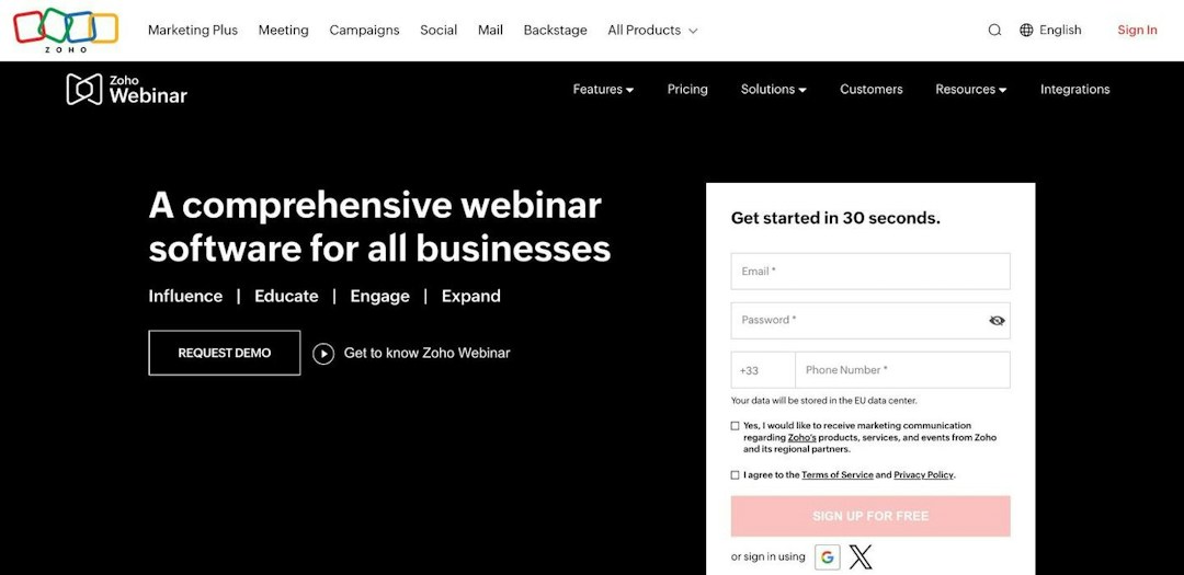 Screenshot of the Zoho Webinar website