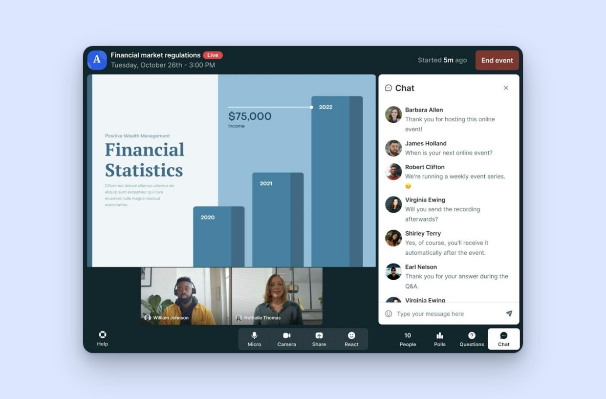 A presentation with live chat in the Livestorm event room