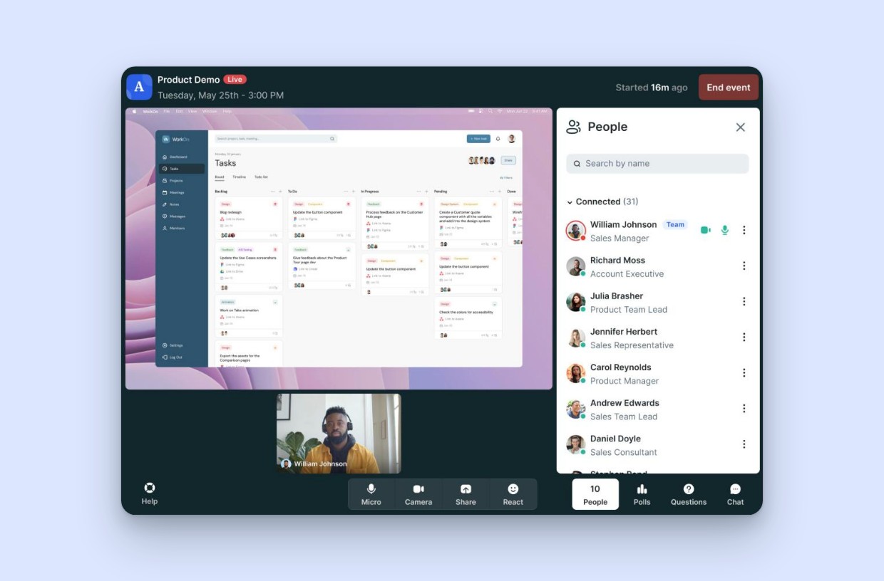 A live product demo in the Livestorm event room
