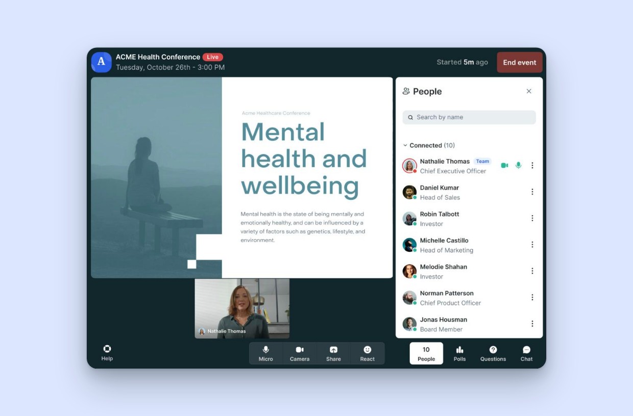 A conference session with slides in the Livestorm event room