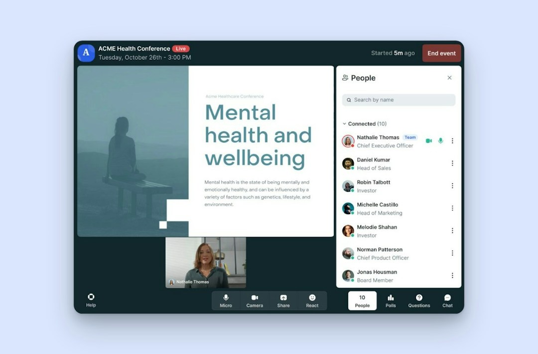 A conference session with slides in the Livestorm event room