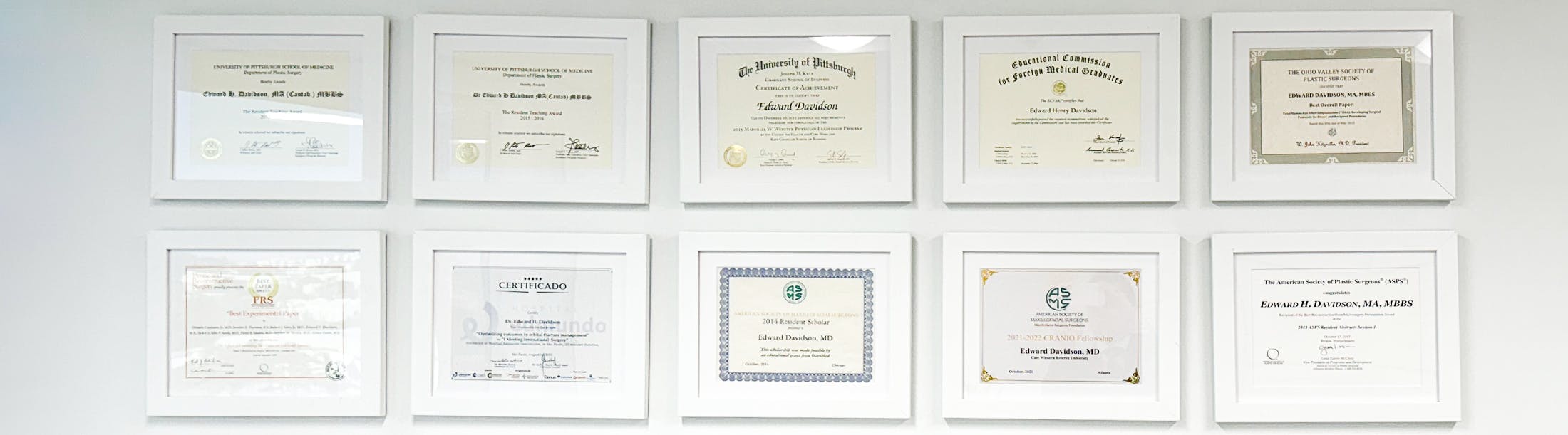 Photo of Dr. Davidson's diplomas and awards