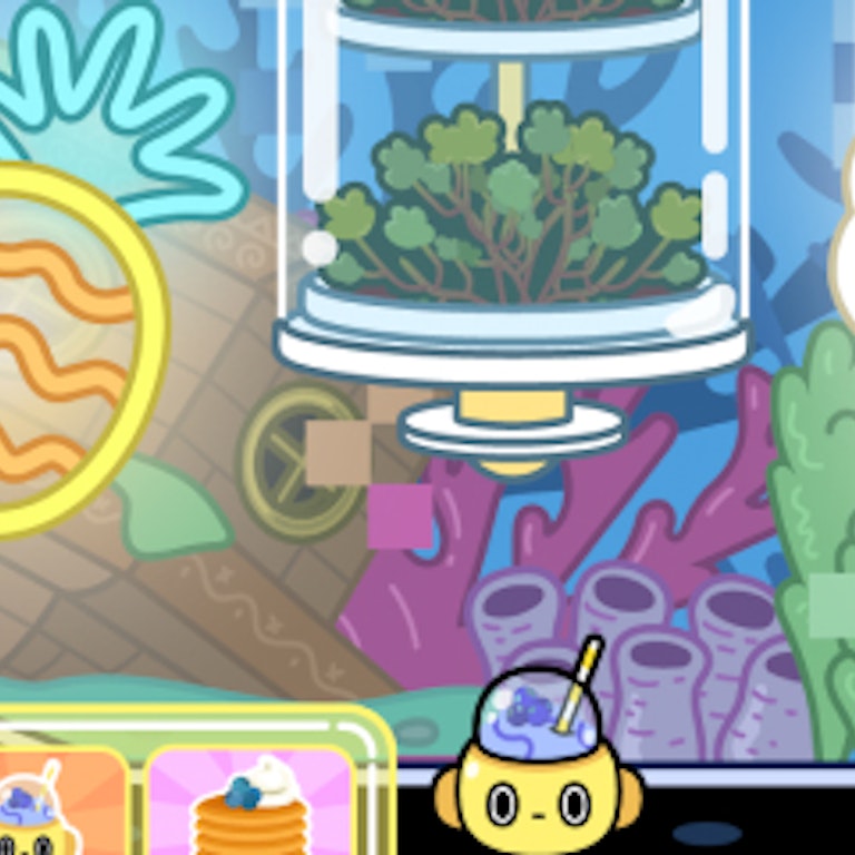 This is an image of an assortment of assets from the Toca Boca World game. We see some coral and a neon light of a pineapple as well as a drink from Rob-o-cafe